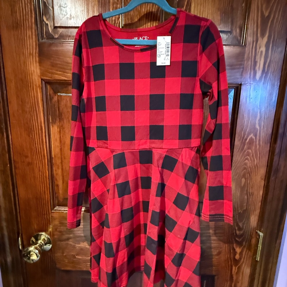 Kids Place Red and Black plaid and Flare Dress with Cuffed Sleeves